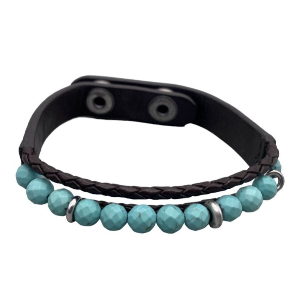 Fossil Faux Turquoise Beaded Leather Bracelet Snap Closure Adjustable